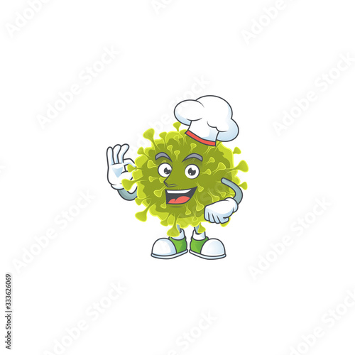 A picture of global coronavirus outbreak cartoon character wearing white chef hat