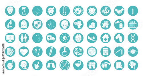 virus covid 19 pandemic respiratory illness icons set line style