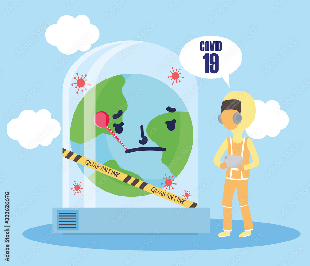 covid 19 coronavirus pandemic, physician with suit and world with thermometer in quarantine covid 19 coronavirus pandemic, physician with suit and world with thermometer in quarantine