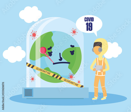 covid 19 coronavirus pandemic, physician with suit and world with thermometer in quarantine