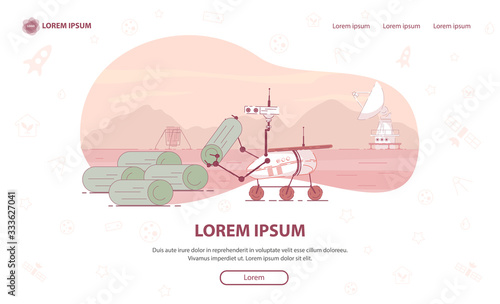 All-terrain Vehicle Loading Building Materials. Construction Autonomous Modules Through Construction Robots. Robot Artificial Intelligence Transports Materials. Vector Illustration.