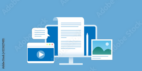 Online content marketing illustration blue flat design minimal style