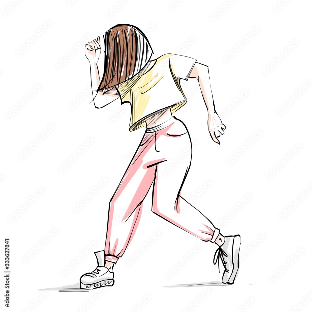 Fototapeta premium Girl dancing in pink trousers and yellow t-shirt is