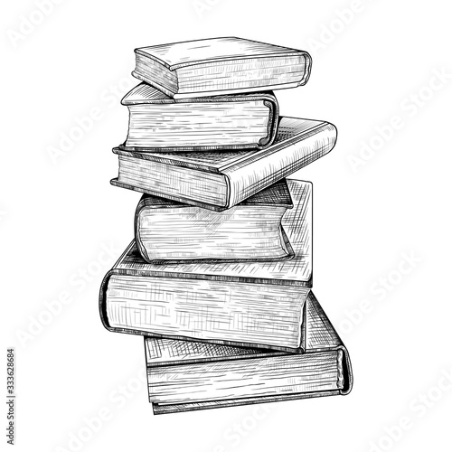 .Stack of books in a horizontal position..Hand-drawn vector drawing in vintage style. Sketch. Imitation of engraving.