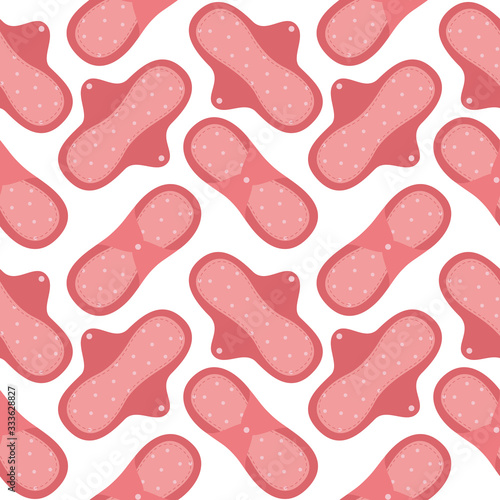 Seamless pattern with reusable menstrual cloth pads set. Feminine period hygiene product. Zero waste, plastic-free, period, menstruation concepts. Sustainable lifestyle. Flat. Vector illustration.