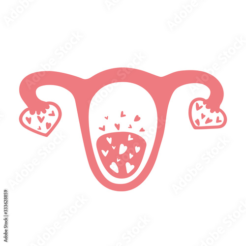 Vagina with hearts. Menstrual bleeding. Period, menstruation, women's health, feminism concepts. Copy space. Uterus with ovaries in the shape of hearts. Flat. Vector stock illustration. photo