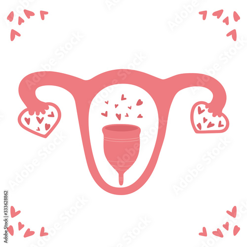 Vagina with menstrual cup and hearts. Period, menstruation, women's health, feminism concepts. Copy space. Uterus with ovaries in the shape of hearts. Flat. Vector stock illustration. photo