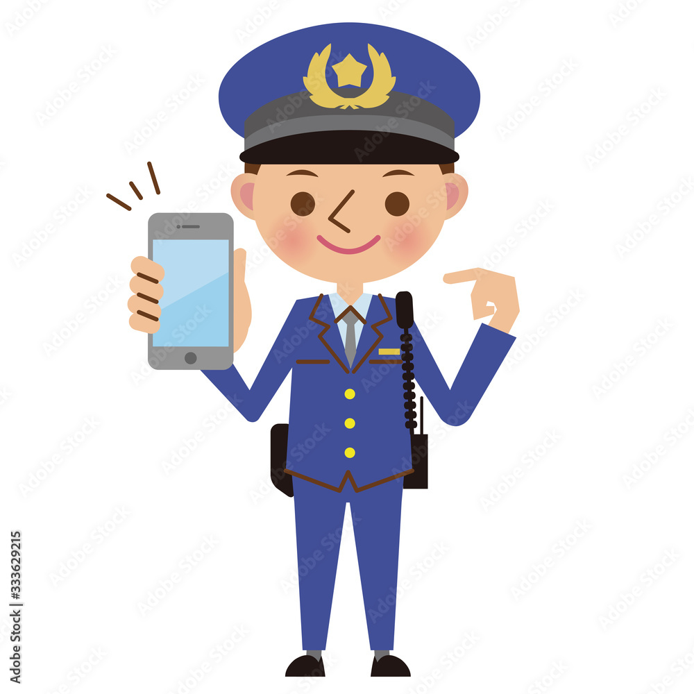スマートフォンを持つ男性警察官 スマートフォンを持つ男性警察官