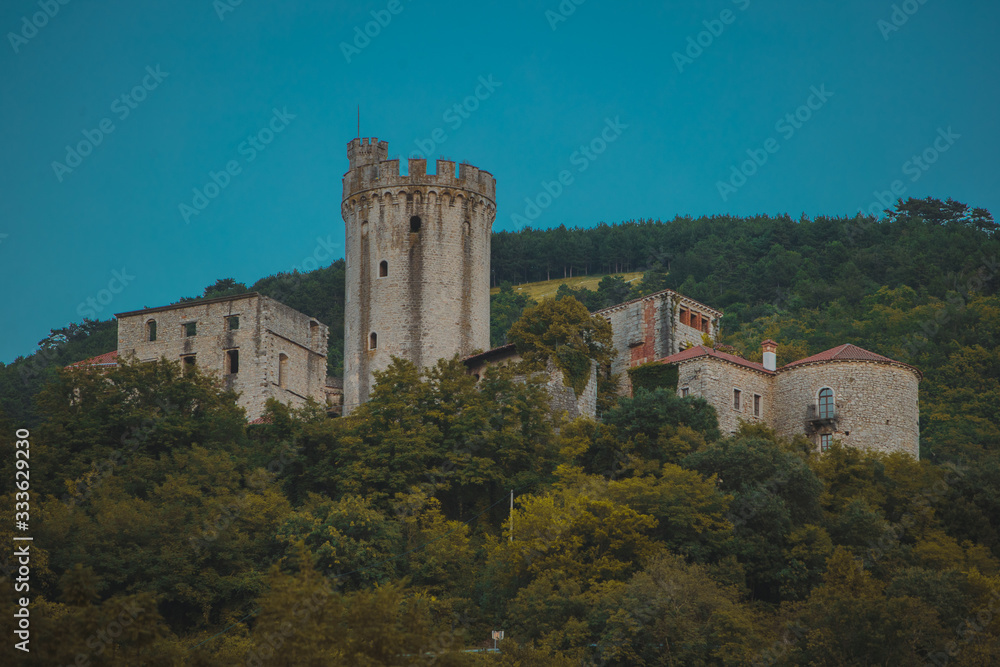 Castle of Beautiful castle of Branik or Rihemberk, viewed from below. Frog view of medieval castle with round tower hiding behind trees