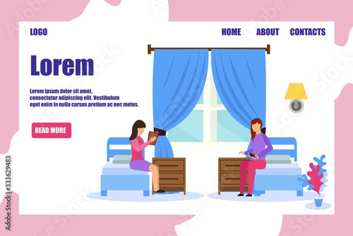 Cartoon People in Room with Twin Bed Vector Illustration. Book Hotel Appartment Service. Bedroom Interior. Motel Suite Hostel Room Reservation. Vacation Travel Trip. Internet Online Order