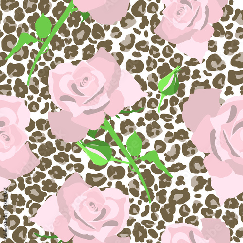 Hand drawn vector pastel color seamless pattern roses on the brown leopard print 