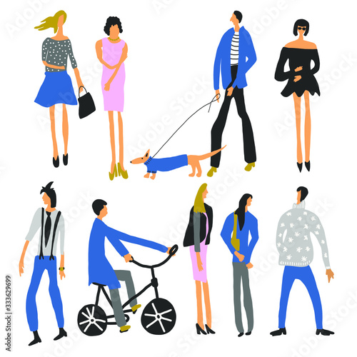 Hand drawn vector set people, dog in the street