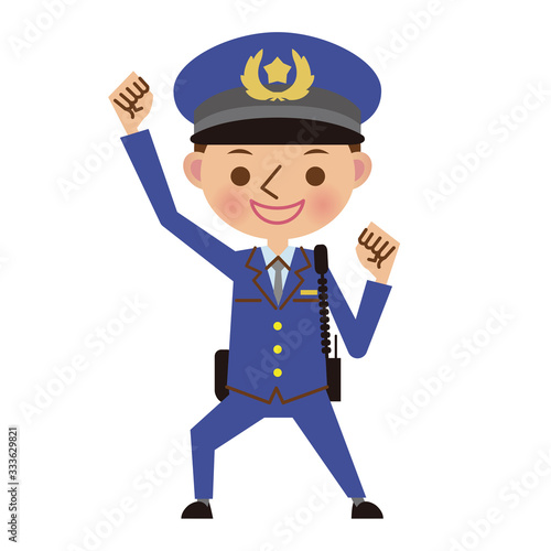 ガッツポーズをする男性警察官