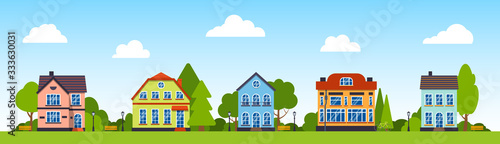 Street with houses, green trees, bush, clouds, lantern flat cartoon panoramic horizontal banner. Urban small town landscape. City outdoor. Suburban village neighborhood. Cityscape Vector illustration