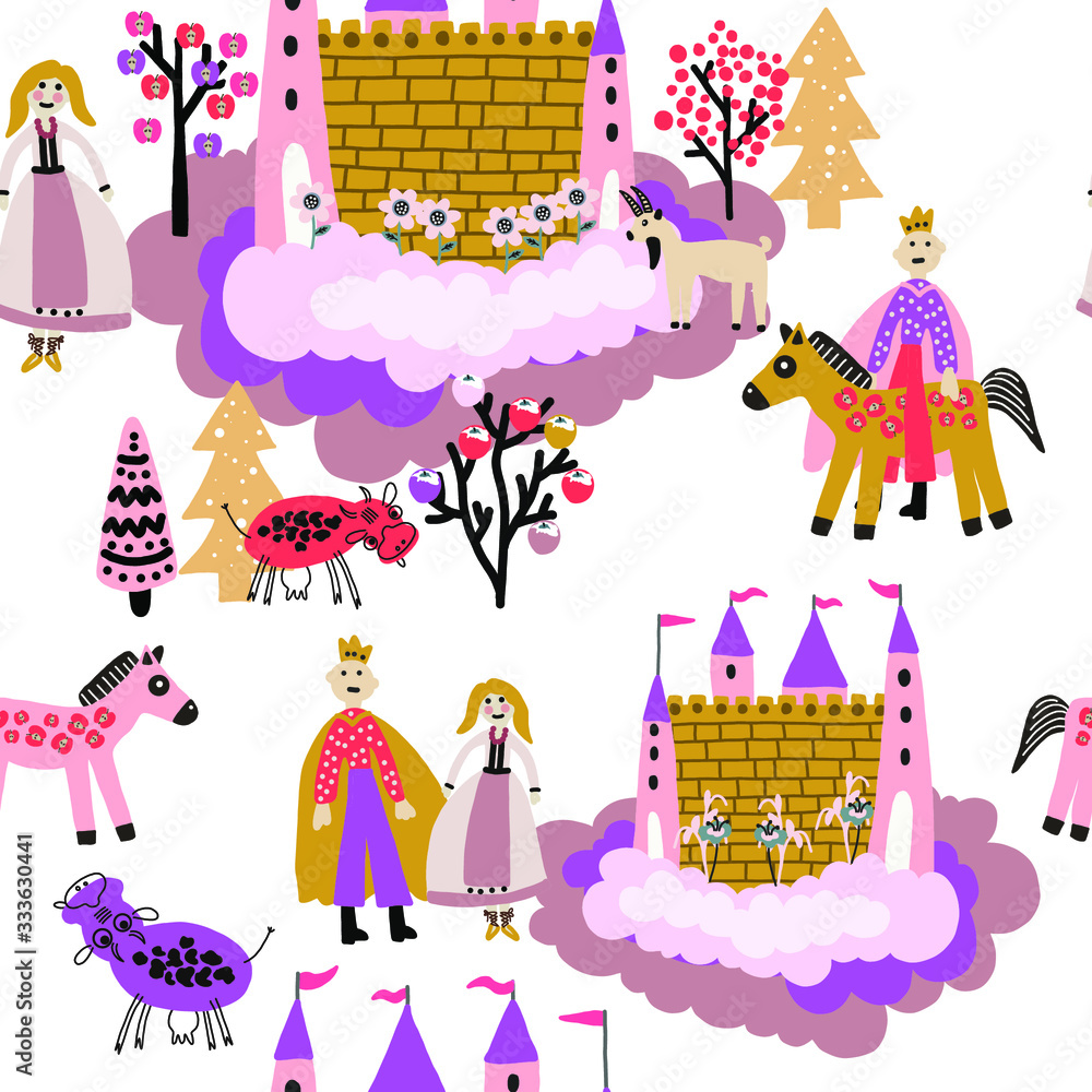 Obraz premium Hand drawn cute cartoon seamless pattern vector illustration fairy tale pink castle, prince, princess, cow, horses, trees on the white background for baby textile, linen, clothes, wallpaper texture 