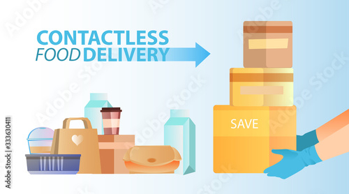 Contactless safe food delivery during COVID-19 quarantine concept with lunchboxes, paper bag, coffee cup, cardboard box, milk and hands in gloves. Online shopping banner in flat style for apps, adds