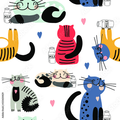 Hand drawn vector cute cartoon colorful seamless pattern illustration sleeping cat with bootle of milk on the white background for baby textile, clothes, wallpaper, linen texture or decoration