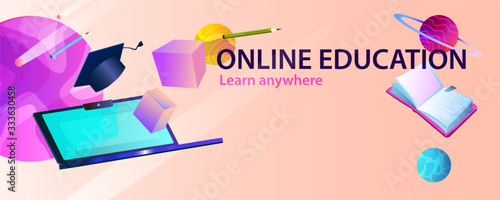 Horizontal abstract banner online education with laptop, cubes, books, planets and academic cap. E-learning creative background in 3-D style. Vector web page design with levitating objects.