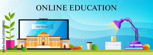 E-learning vector background with laptop, plants, lamp, books, university building and coffee. Distance education concept in flat style for web banners, landing pages, applications.
