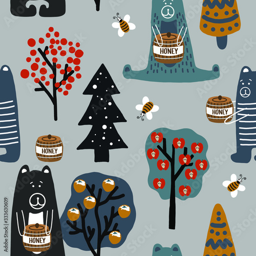 Hand drawn vector cute cartoon seamless pattern illustration pastel color bear with keg of honey, tree, bees, apple for baby textile, clothes, linen texture or decoration