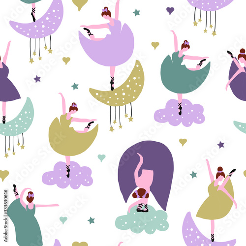 Hand drawn vector cute cartoon pastel color seamless pattern illustration ballerina on the moon and cloud on white background for baby textile, cloth, linen, wallpaper texture