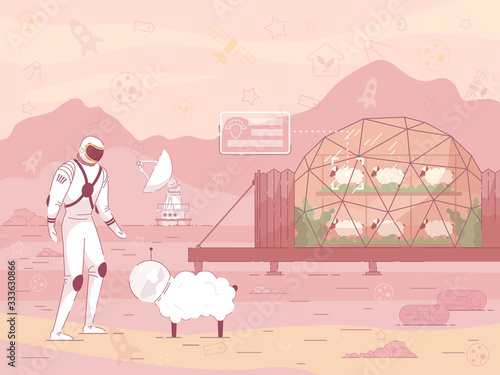 Bright Poster Checking Sheep on Colonized Planet. Creation Compact Automatic Plants that Manufacture Goods from Locally Available Raw Materials. Astronaut in Spacesuit Examines Sheep.