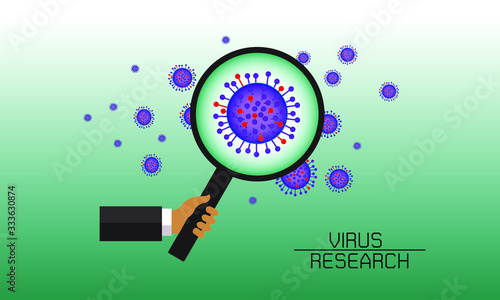 Virus research concept with magnifier in hand and abstract novel coronavirus bacteria. Magnifying glass and virus cell close up. Coronavirus 2019-nCov. COVID-19. Vector illustration EPS 10.