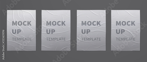 Wrinkled wet transparent posters mockups of crumpled sheets of paper. Set of advertising templates for design.
