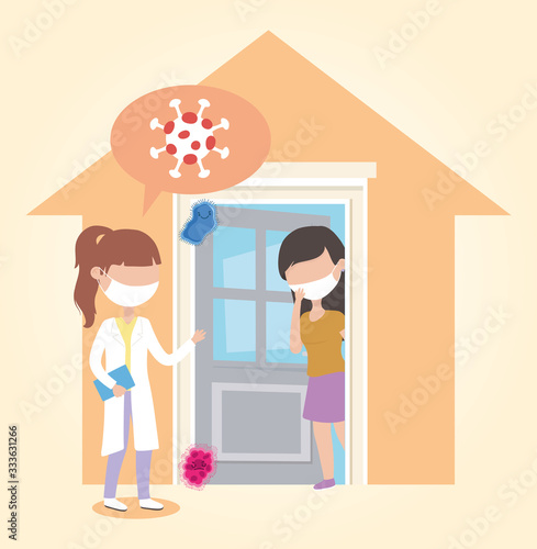 covid 19 coronavirus pandemic, female doctor in consultation patient in home