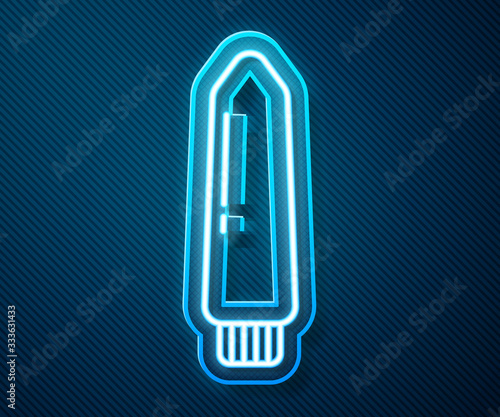 Glowing neon line Dildo vibrator for sex games icon isolated on blue background. Sex toy for adult. Vaginal exercise machines for intimate. Vector Illustration