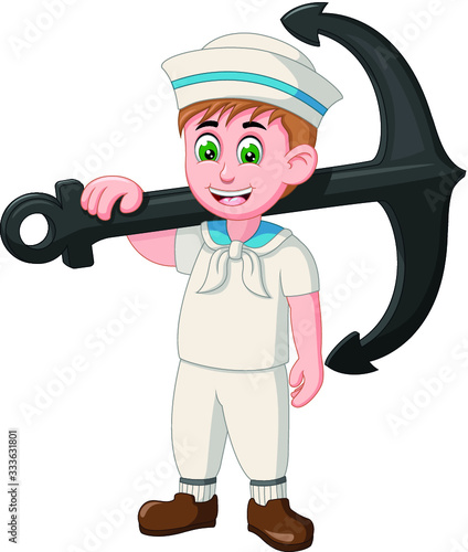 Cool Sailor Man in White Uniform Hold Black Big Anchor Cartoon