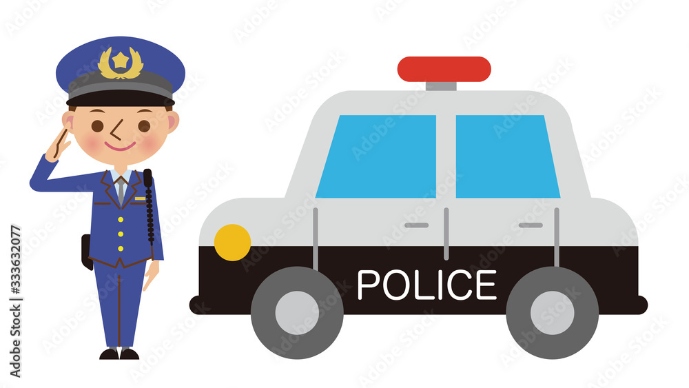 パトカーと敬礼する警察官 パトカーと敬礼する警察官