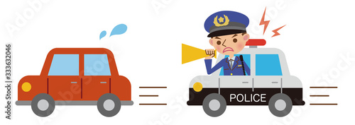 違反車両を追いかけるパトカーと警察官