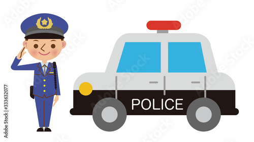 パトカーと敬礼する警察官