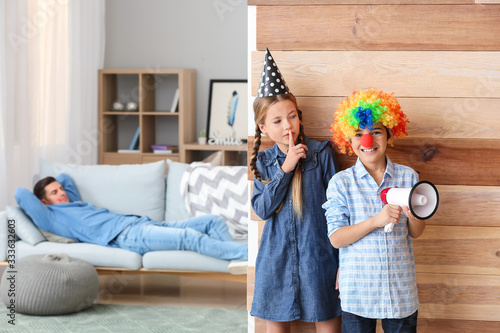 Children playing a prank on their father at home. April Fools' Day celebration