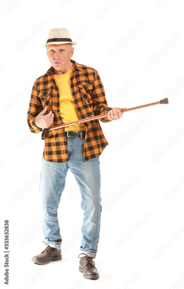 Portrait of happy elderly man with walking stick on white background Portrait of happy elderly man with walking stick on white background
