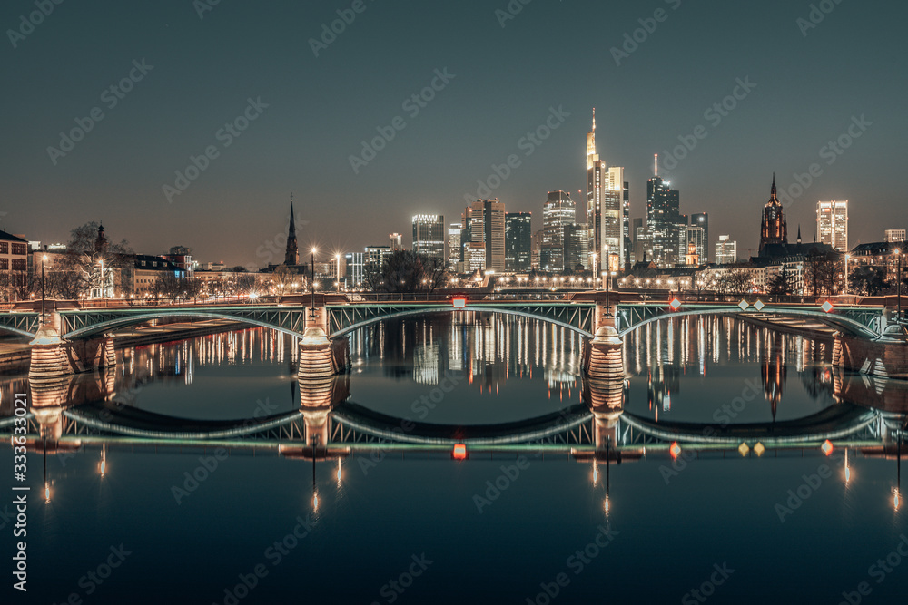 Frankfurt at night, skyline reflection 