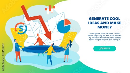 Poster Written Generate Cool Ideas and Make Money. Basic Social Media Marketing Rules. Men and Women Hold an Awning and Look Up. Falling Arrow on People. Negative Indicators. Vector Illustration.