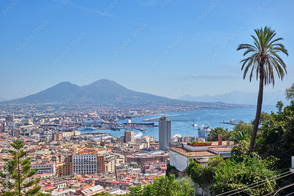 View of Naples with Mount Vesuvius on a sunny day