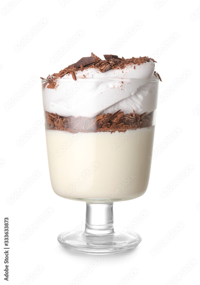 Glass with tasty panna cotta on white background Glass with tasty panna cotta on white background