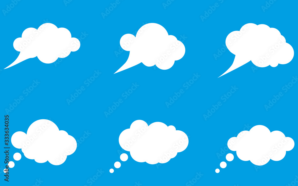 Set of white clouds for thoughts, messages and other records isolated on blue background