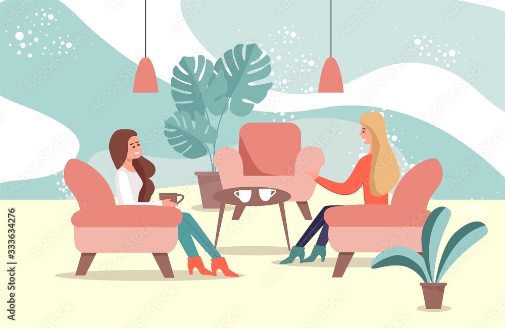 Happy Young Women Pair Talking Sit at Cafe Cartoon. Two Smiling Girls Sitting in Armchairs and Chatting over Cup of Tea. Female Friends Spending Time, Pastime Together. Vector Flat Illustration Happy Young Women Pair Talking Sit at Cafe Cartoon. Two Smiling Girls Sitting in Armchairs and Chatting over Cup of Tea. Female Friends Spending Time, Pastime Together. Vector Flat Illustration
