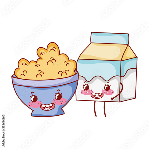 breakfast cute bowl with cereal and milk box cartoon