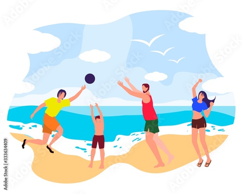 Happy Family Playing with Ball on Sandy Beach Spending Time Together on Summer Time Holidays. Mom, Dad and Boys Jumping and Running on Seaside Having Active Game. Cartoon Flat Vector Illustration