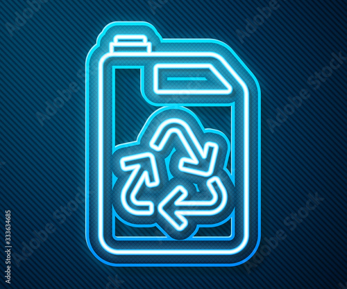 Glowing neon line Eco fuel canister icon isolated on blue background. Eco bio and barrel. Green environment and recycle. Vector Illustration