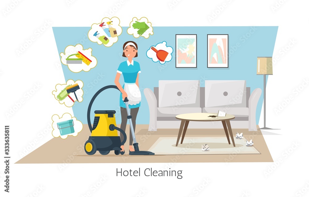 Hotel Cleaning Flat Cartoon Banner Vector Illustration. Maid Vaccuming Carpet on Floor. Janitor with Cleaning Equipment. Woman in Uniform with Detergents. Dirty Room with Trash on Table.
