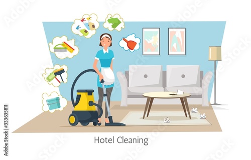 Hotel Cleaning Flat Cartoon Banner Vector Illustration. Maid Vaccuming Carpet on Floor. Janitor with Cleaning Equipment. Woman in Uniform with Detergents. Dirty Room with Trash on Table.