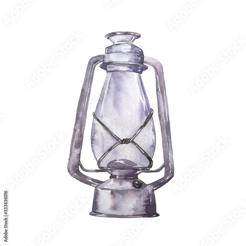 Grey old lantern isolated on white background. Hand drawn watercolor illustration.