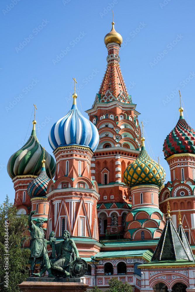 MOSCOW, RUSSIA - JULY 29: Close up of St Basil's cathedral on Red Square, Moscow in 29 July 2019. Saint Basil's cathedral built in July 1561.