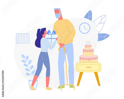 Grey Haired and Bearded Man with Walking Stick, Receiving Greetings and Congratulations. Loving Granddaughter, Giving Her Aged Grandpa Gift Box. Birthday Party at Home with Huge Festive Cake.